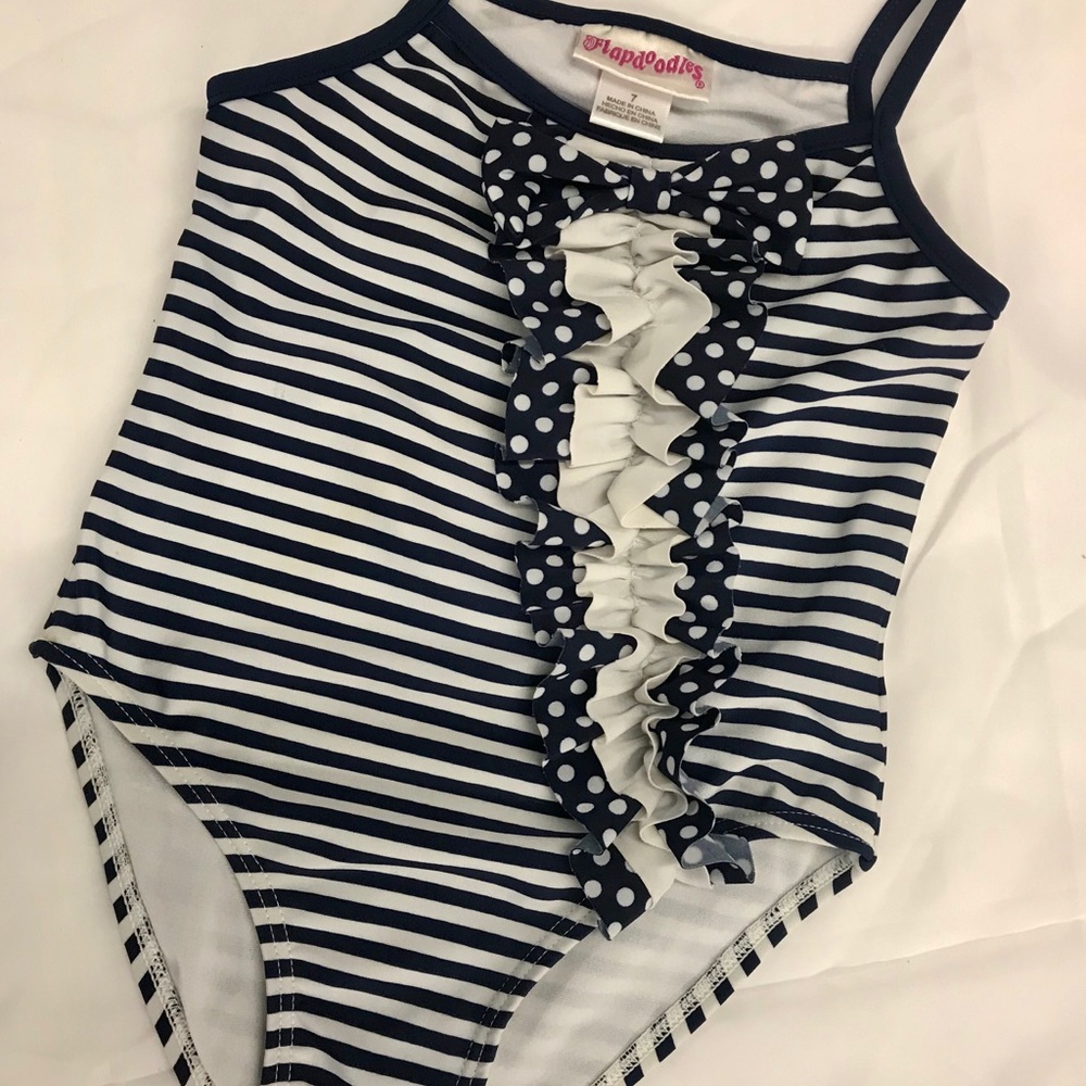 Girls size 7 flapdoodles navy and white swim suit